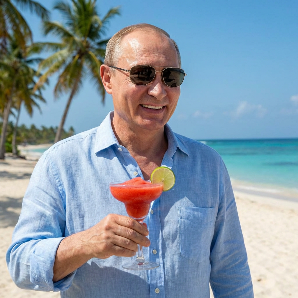 Vladimir Putin holding a red frozen cocktail on a sunny tropical beach.