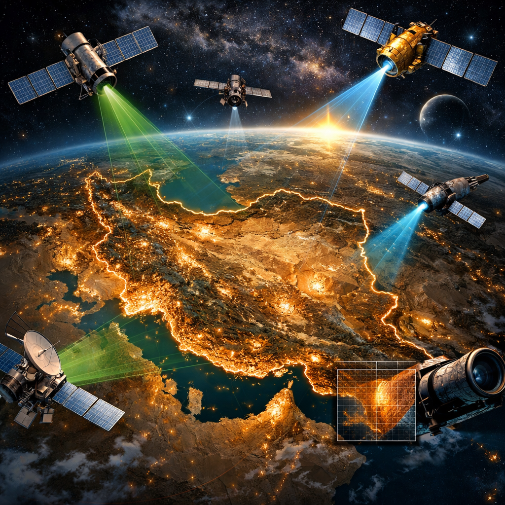 Satellites scanning and monitoring illuminated Iran at night from space