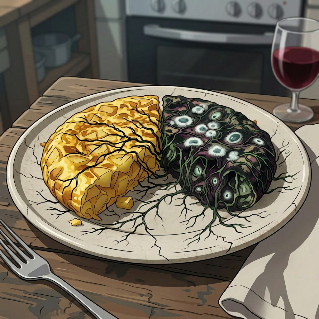 Plate with a golden folded pastry and purple tentacles emerging from moldy dark greens