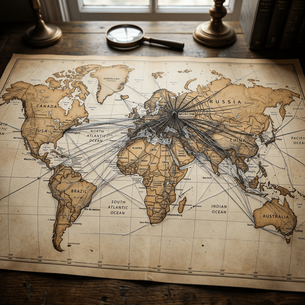World map with strings connecting Moscow to multiple international cities