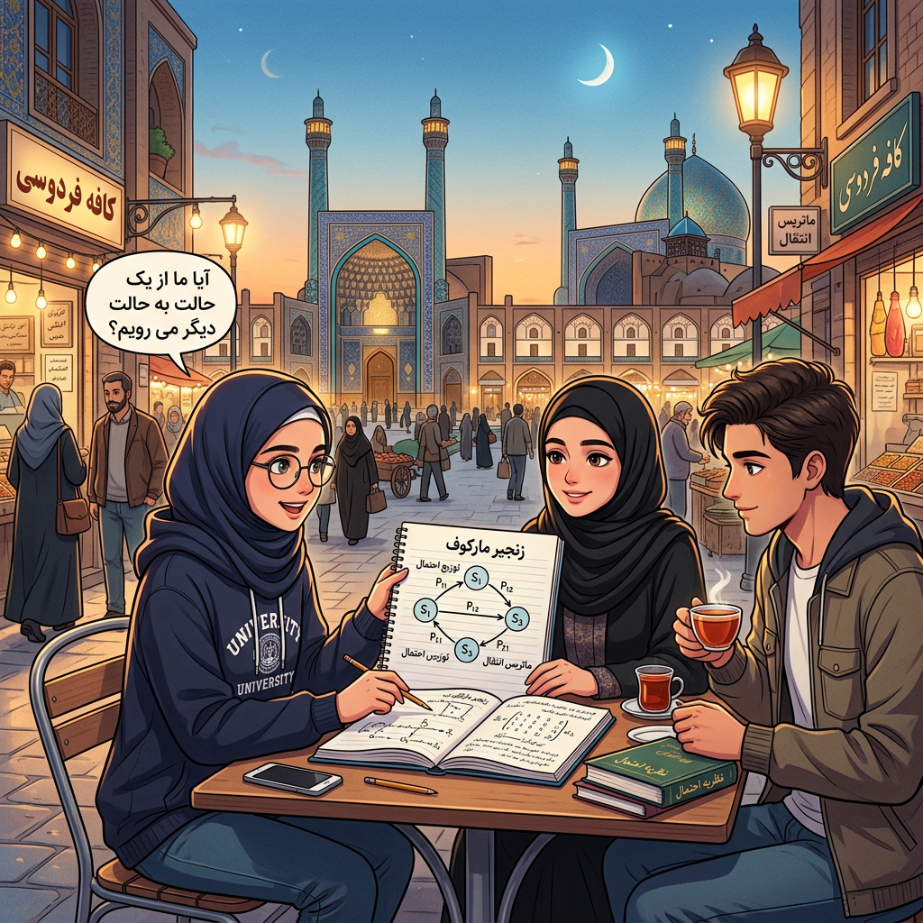 Three students studying Markov chains at a café table in a historic Middle Eastern square at twilight
