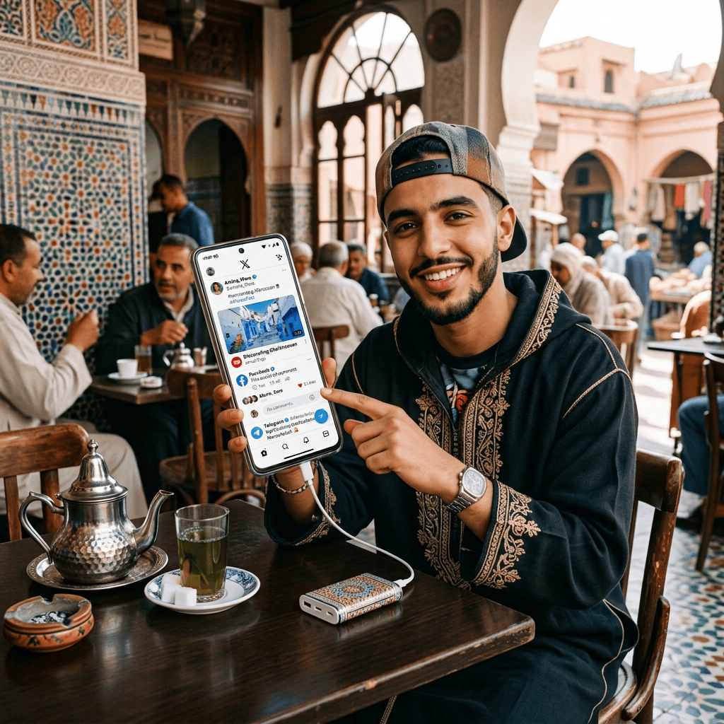 Woman in hijab showing a smartphone while drinking mint tea